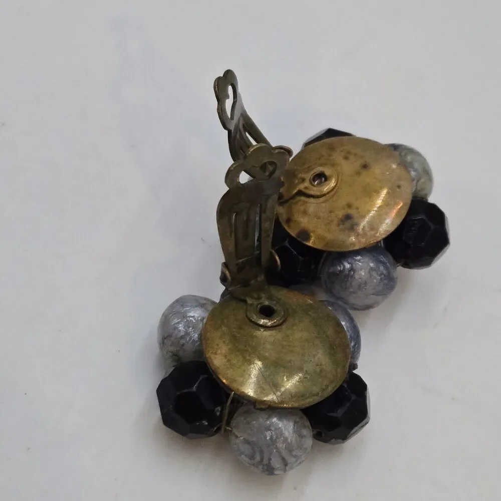 Vintage Earrings West Germany Marked Iridescent Bead Cluster Purple Black Clip